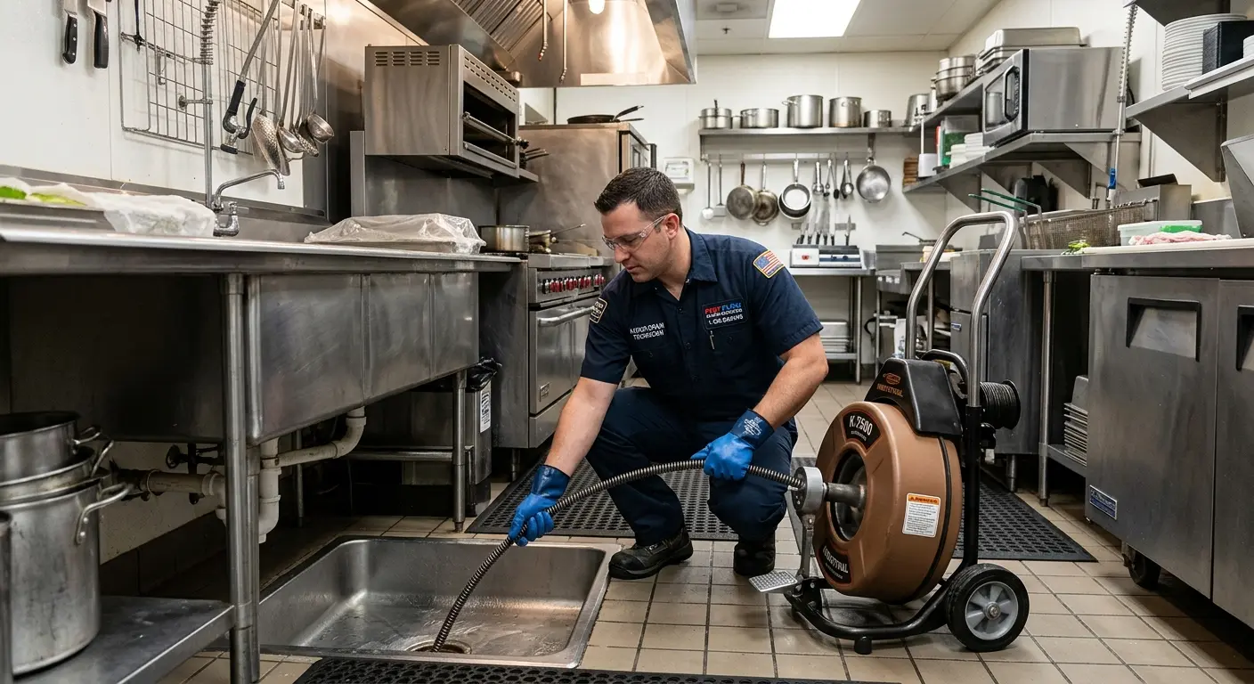 Commercial drain cleaning service in a restaurant kitchen in Stratford