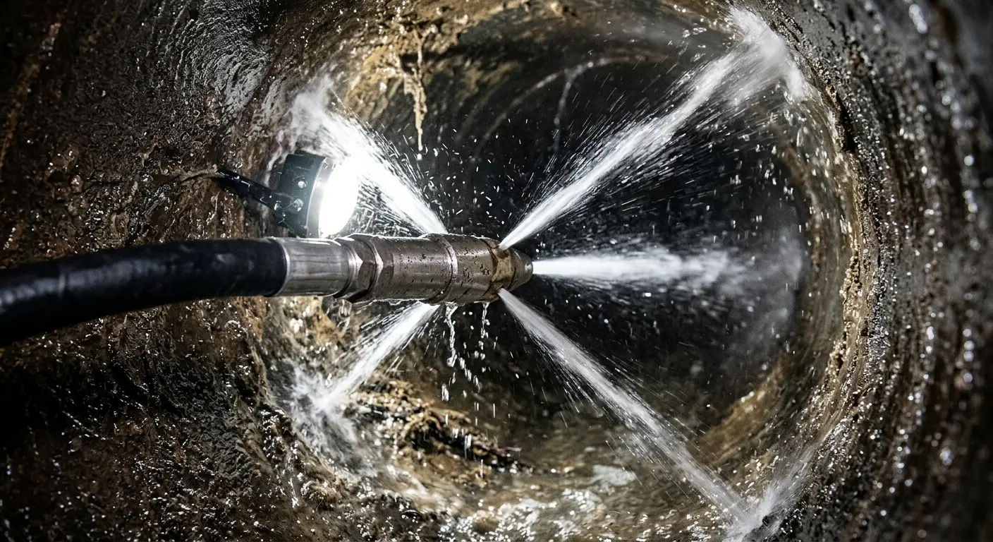 High-pressure hydro jetting nozzle cleaning sewer pipe for Trenchless Sewer Repair in Stratford