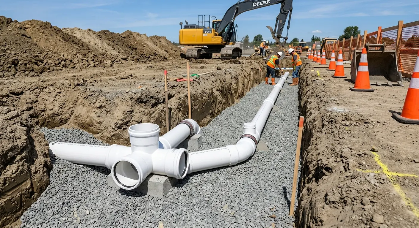 New PVC sewer pipe installation in open trench for Commercial Drain Cleaning in Stratford