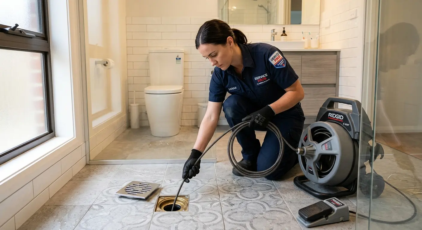 Technician clearing a bathroom floor drain for Drain Repair in Stratford